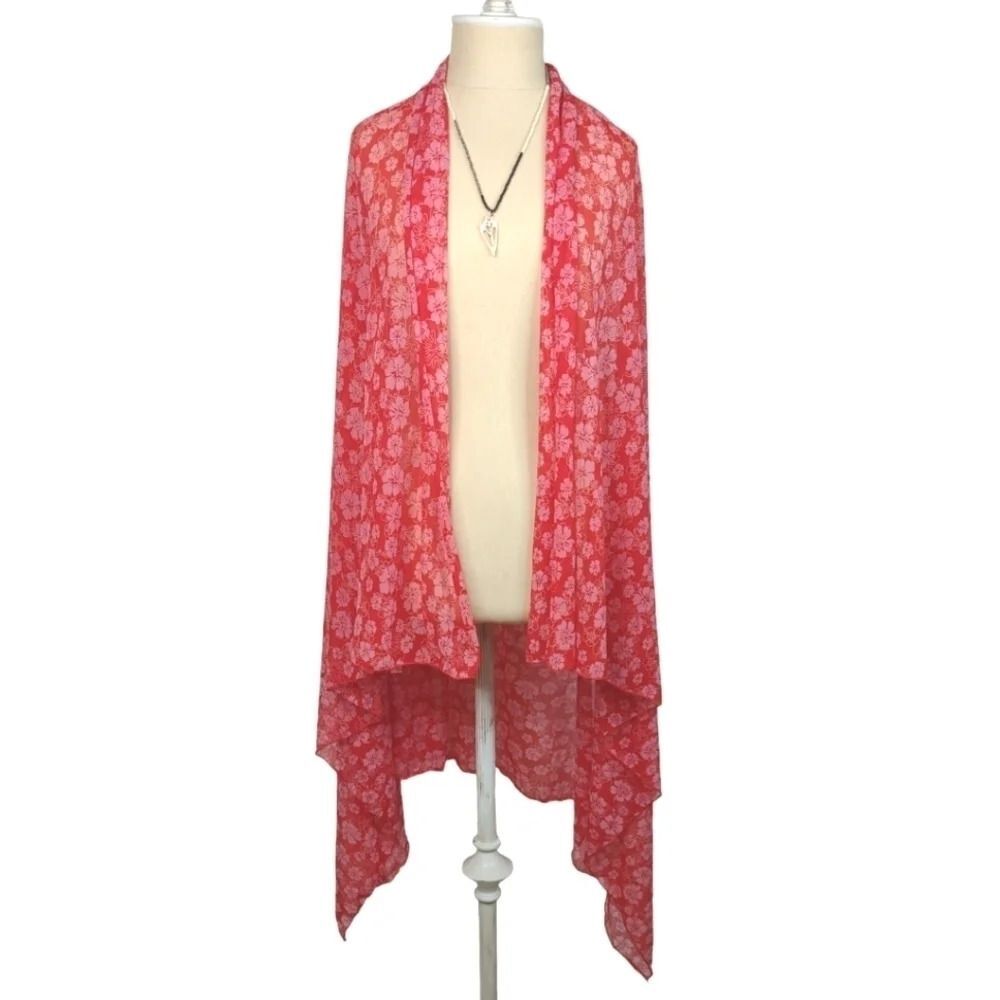 Beach Cover Up Hibiscus Stretchy Sheer Wrap Shawl Pink 45 in by 62 in Plus Size